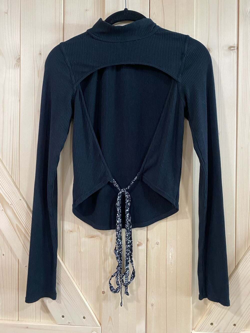 Free People Black Ribbed Long Sleeve Cutout Mock Neck Top